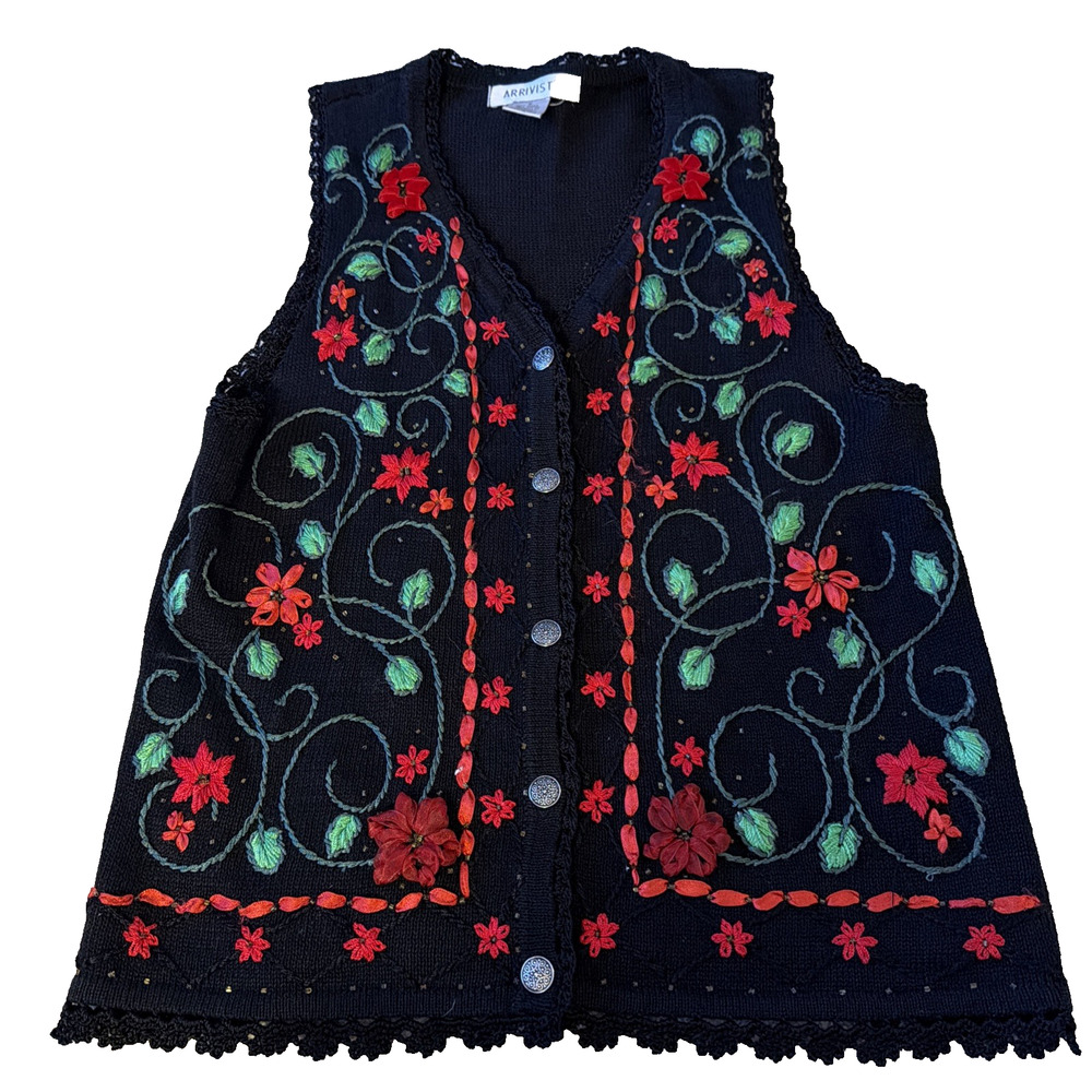 VTG Arriviste Christmas Cardigan Sweater Vest Poinsettia Medium Holly Black Red